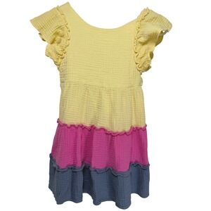 Bonnie Jean Tiered Dress Girls 6X Yellow Pink Blue Cotton Gauze Flutter Sleeve